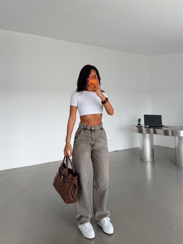 Yan Cep Detaylı Boyfriend Jean - Kahve Yıkama