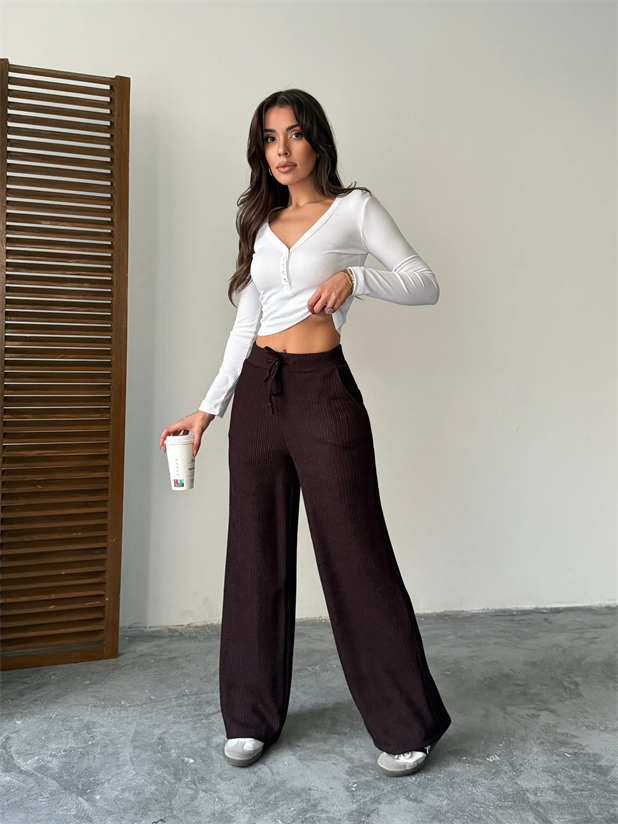 Bel Bağcık Fitilli Pantolon - Kahve