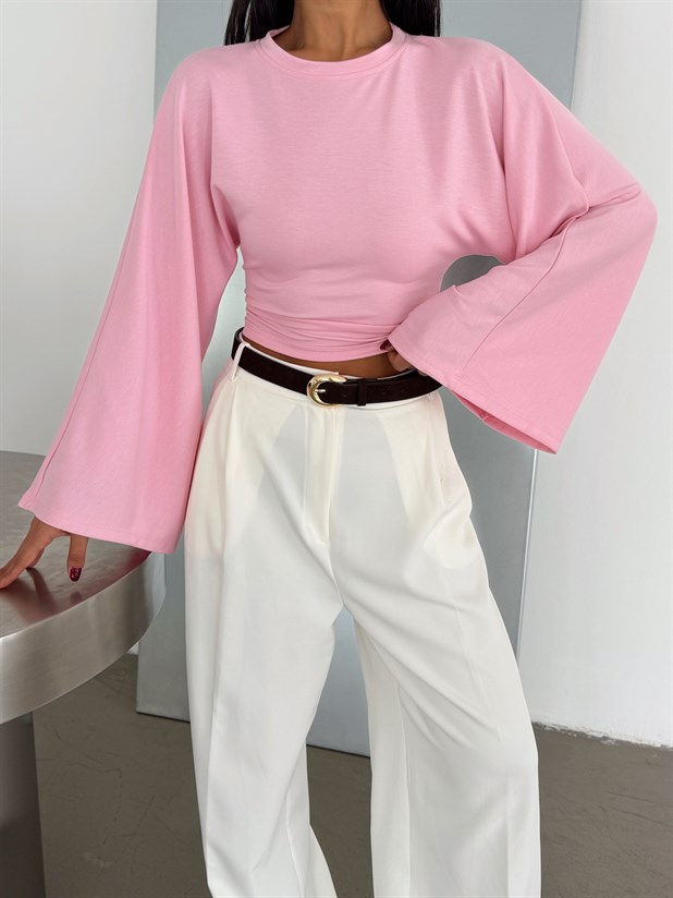 Yarasa Kol Beli Büzgülü Bluz - Pembe