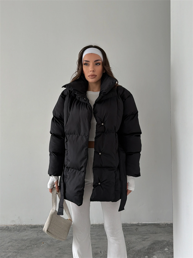 Kuşaklı Şişme Mont  - Siyah