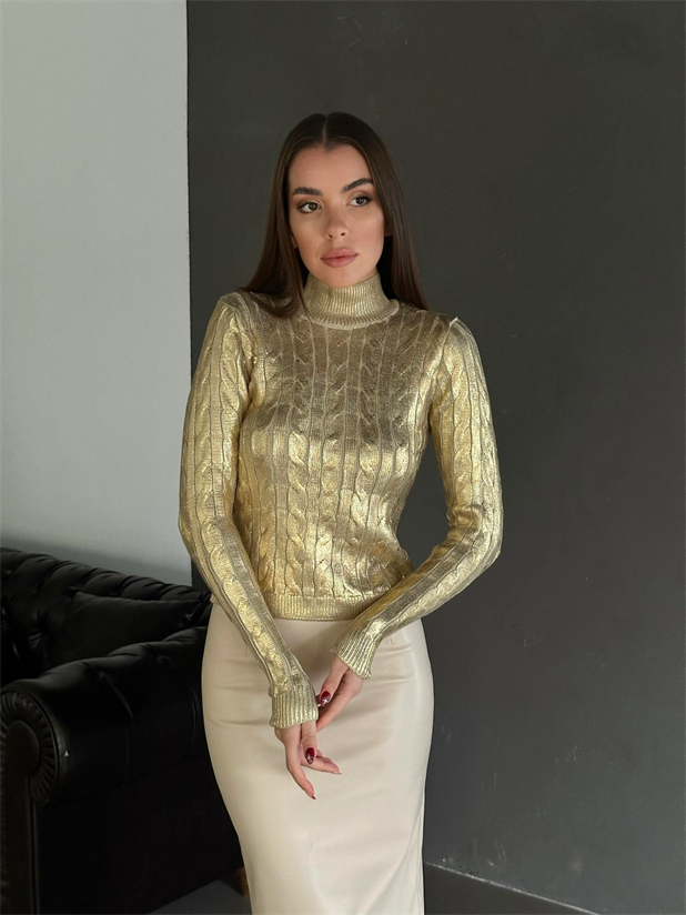 Shine Varaklı Triko Kazak Metalik Gold - Gold