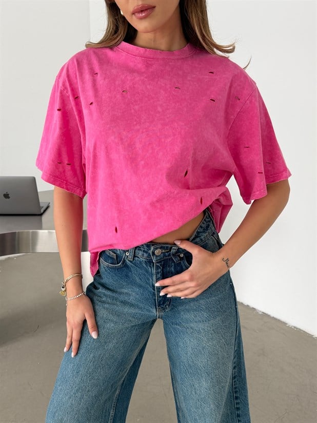 Delikli Yıkama T-shirt - Pembe
