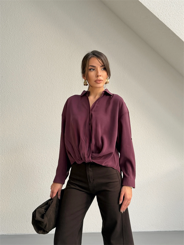 Önü Burgulu Modal Gömlek - Mürdüm