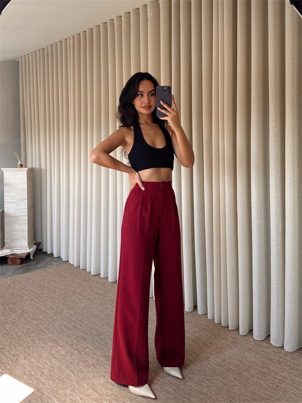 Bel Lastik Palazzo Pantolon - Bordo