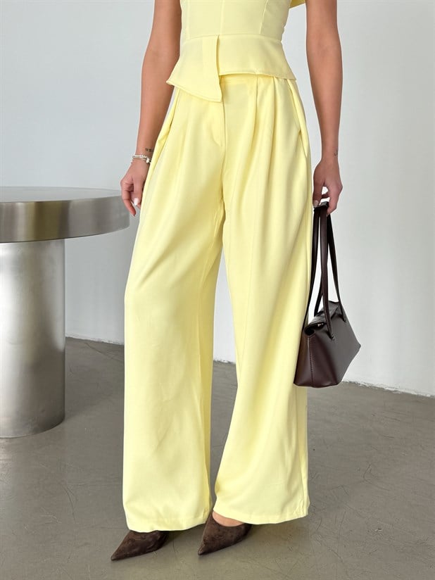 Yandan Katlama Düğme Detay Palazzo - Limon Sarısı