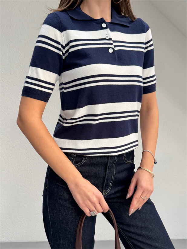 Polo Yaka Çizgili Kısa Kol Triko - Lacivert-Beyaz