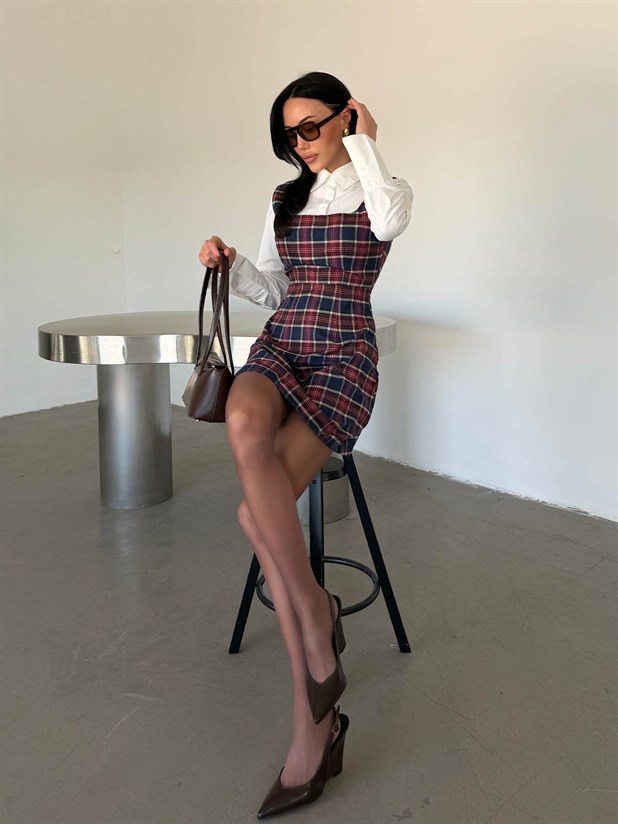 Birleşik Gömlekli Ekose Elbise - Lacivert