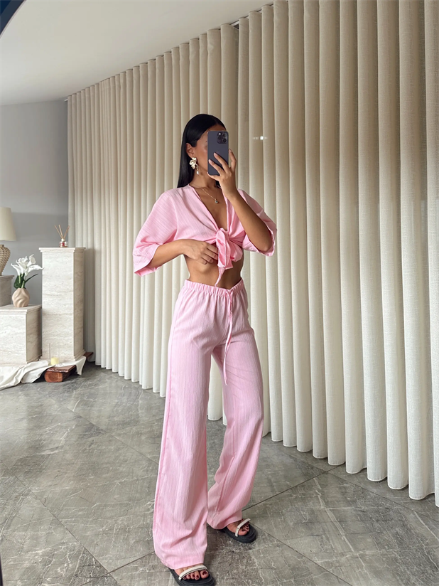 Üst Bağlamalı Pantolon Takım  - Pudra Pembe