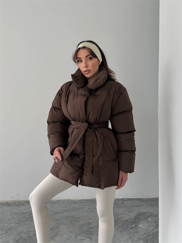 Kuşaklı Şişme Mont  - Kahve