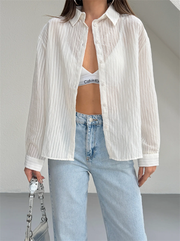 Çizgili Dokulu Gömlek - Ekru