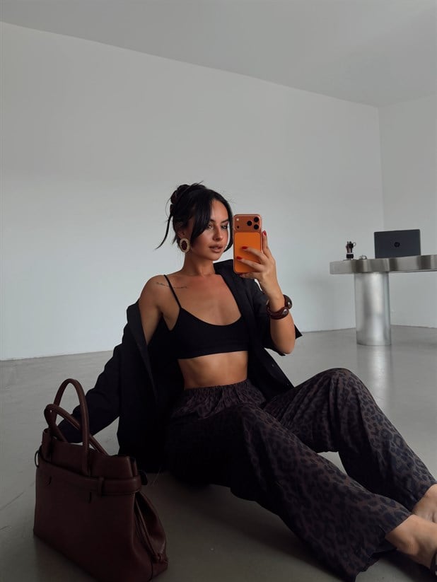 Desenli Parlak Keten Pantolon - Kahve