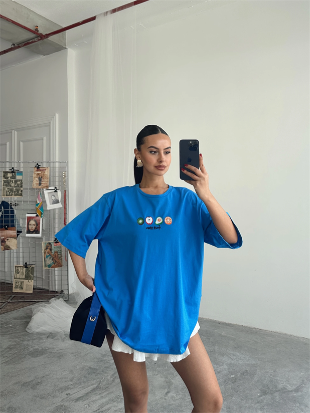 Fruit Nakış Basic T-shirt Mavi - Mavi