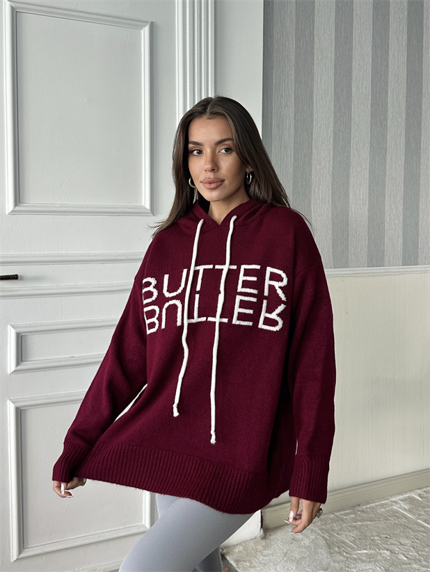 Kapüşonlu Butter Triko Kazak - Bordo