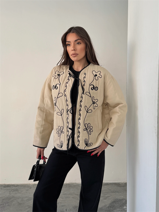Nakış Detaylı Bağlamalı Etnik Ceket - Ekru