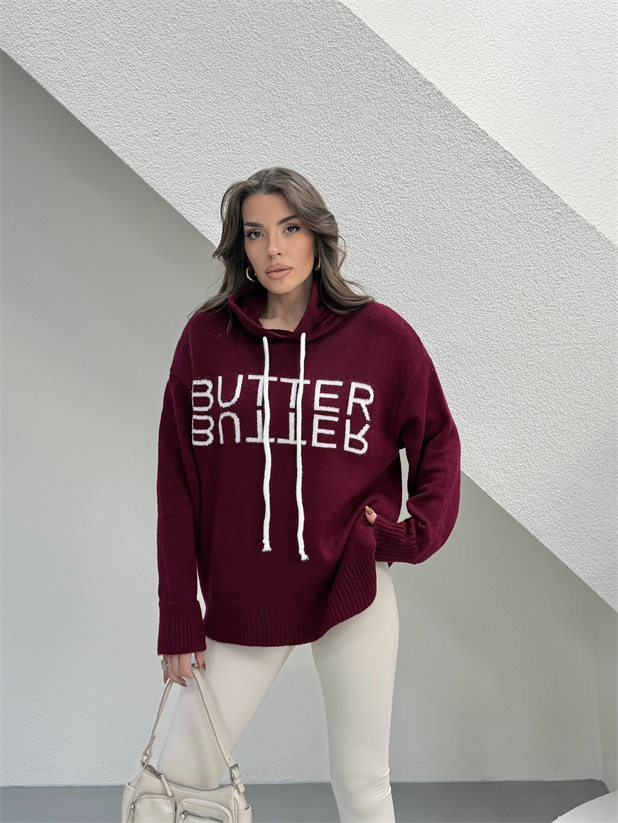 Kapüşonlu Butter Triko Kazak - Bordo