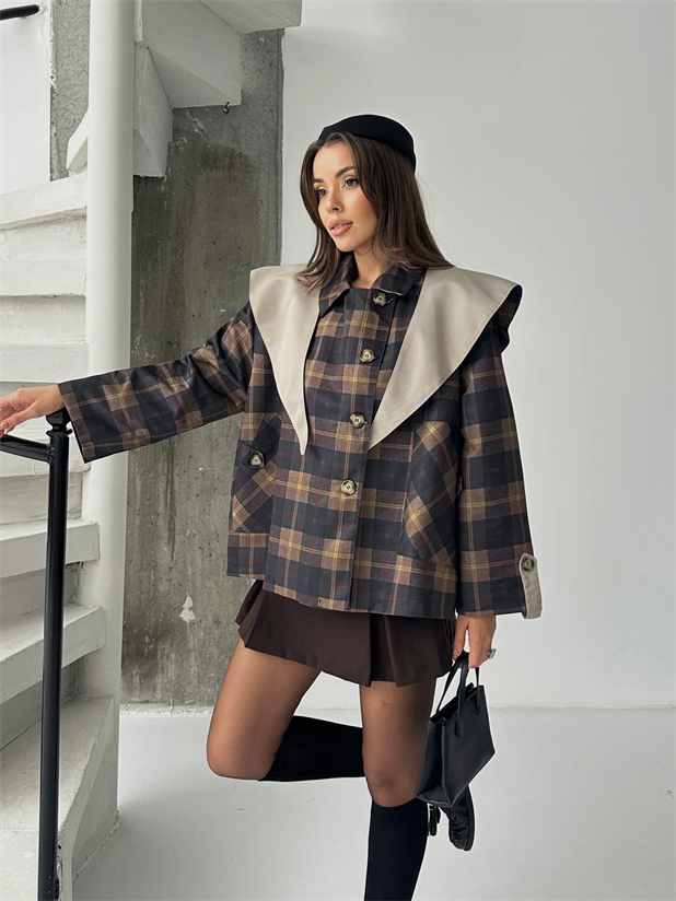 Pelerin Detay Kareli Ceket - Lacivert-Bej