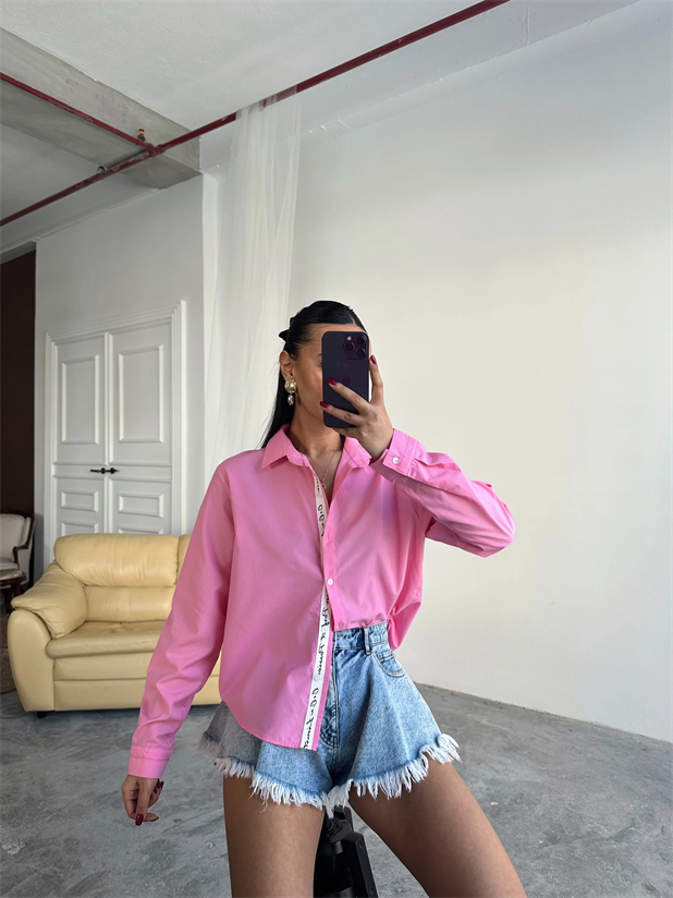 Kol Ve Pat Şerit Crop Gömlek - Pembe