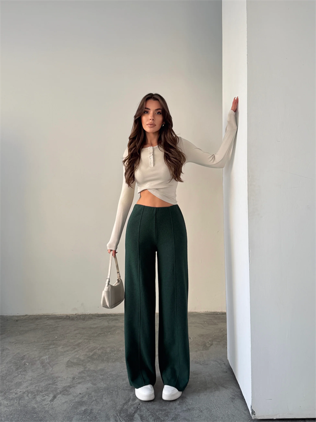 Çimalı Bel Lastik Selanik Pantolon - Zümrüt Yeşili