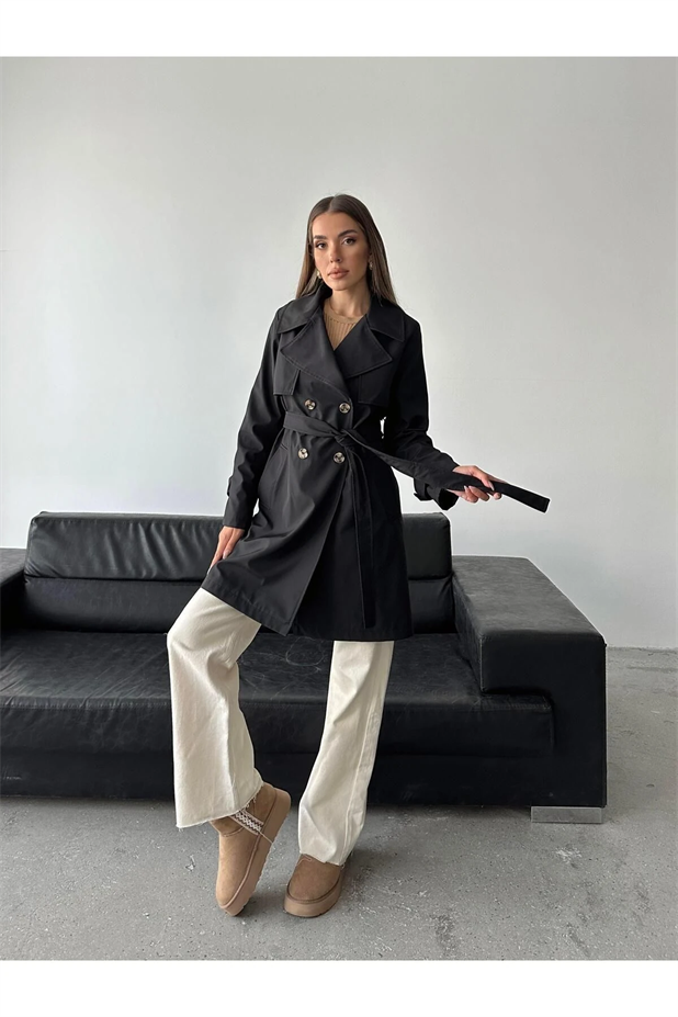Alba Belden Bağlamalı Trençkot Siyah - Siyah