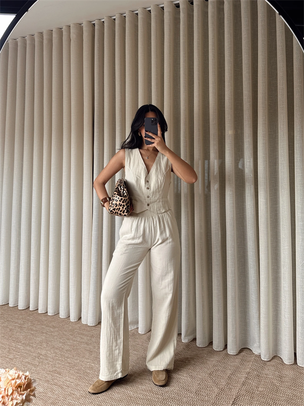 Bel Lastik Müslin Pantolon - Krem