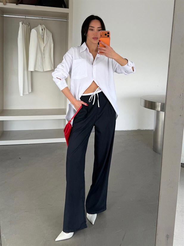 Bel Bağcık Çizgili Palazzo Pantolon - Lacivert 