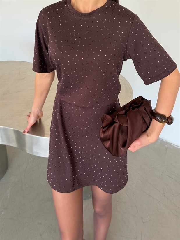 Taş Detaylı Modal Elbise - Kahve