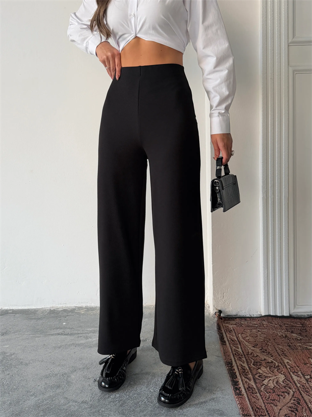 Bel İçten Lastik Kumaş Pantolon  - Siyah