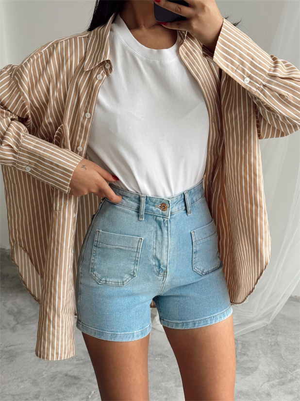 Çift Cep Detay Kot Şort Açık Mavi - Mavi