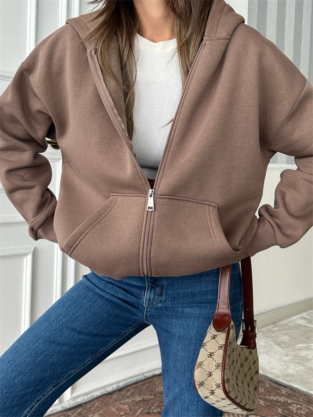 Fermuarlı Cepli Sweat - Kahve