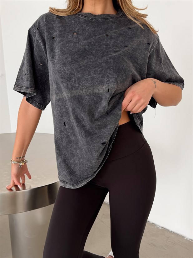 Delikli Yıkama T-shirt - Füme