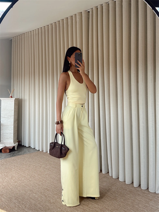 Paçası Düğmeli Palazzo - Sarı