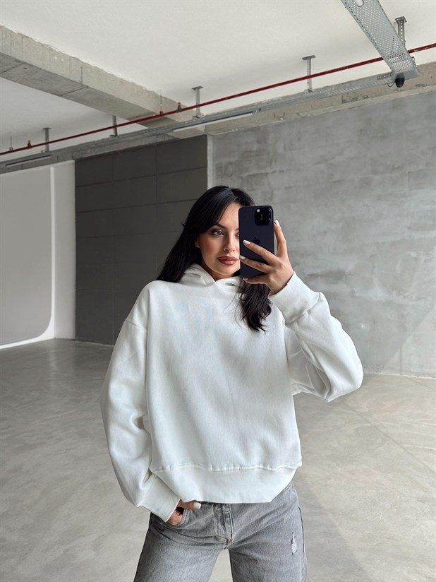 Kapüşonlu Sweatshırt - Beyaz