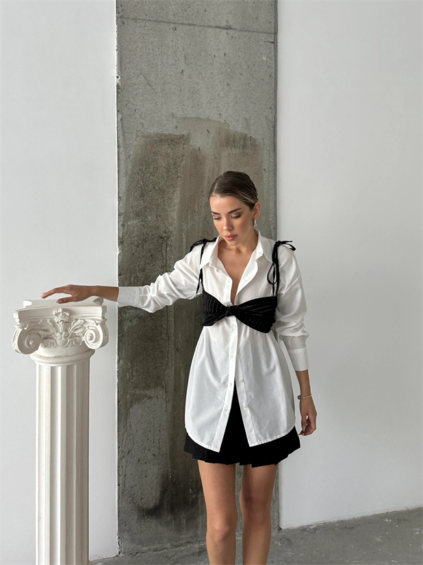 Sally İkili Büstiyer Gömlek Takım Siyah-Beyaz - Beyaz