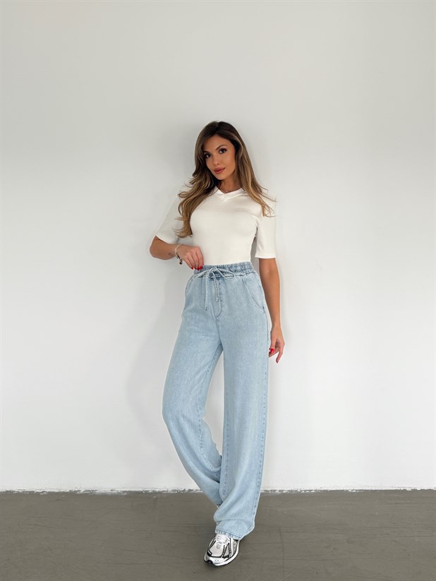 Beli Lastikli Kordonlu Denim Palazzo - Buz Mavi