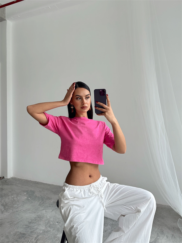 Yıkamalı Vatkalı Crop Basic - Pembe