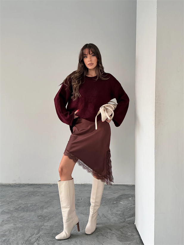 Asimetrik Detay Ucu Dantelli Etek - Kahve