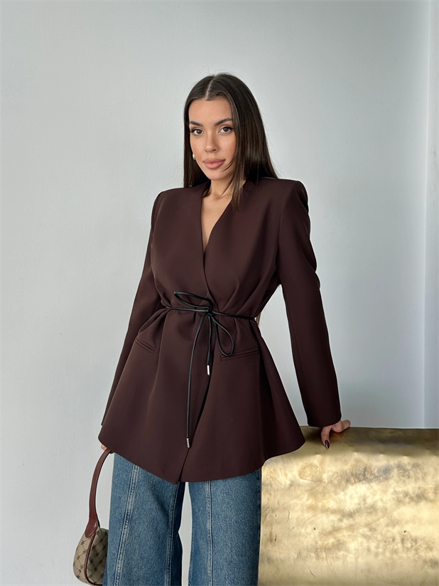 Deri Kemerli Blazer Ceket - Kahve