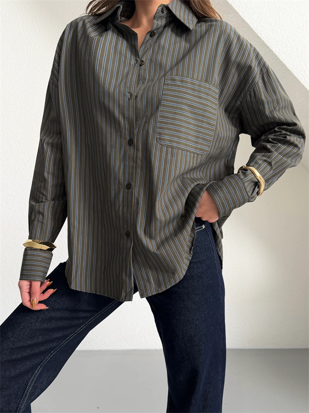 Çizgili Boyfriend Gömlek - Haki