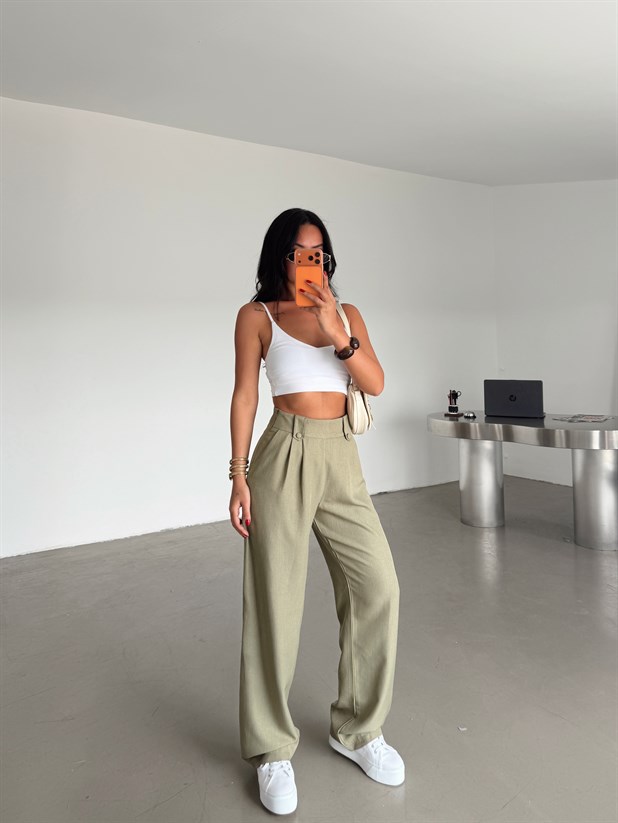 Apoletli Keten Palazzo - Haki