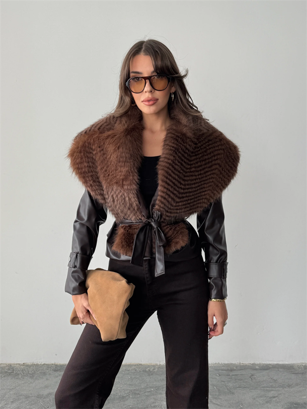 Premium Kürklü Deri Ceket  - Acı kahve