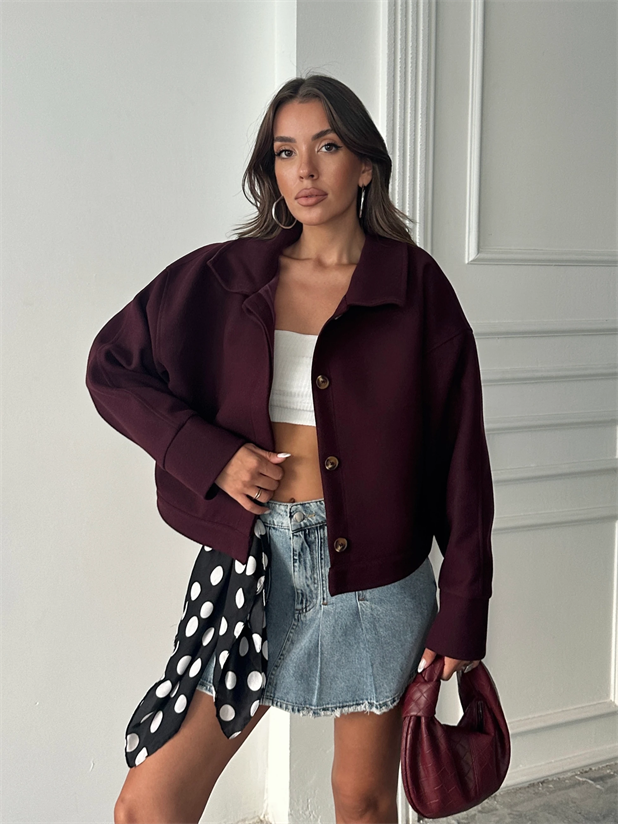 Kaşe Crop Mont - Mürdüm