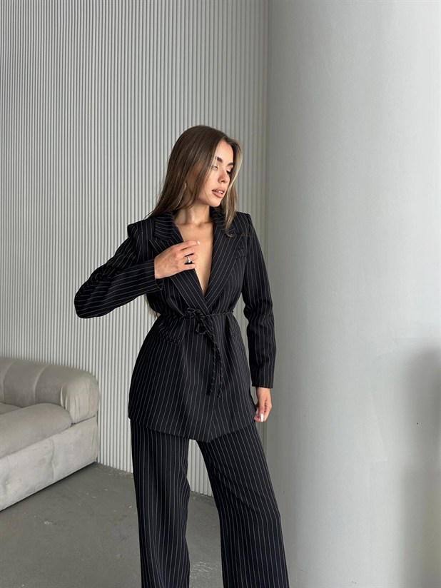 Bel Bağlama Line Blazer Ceket - Siyah