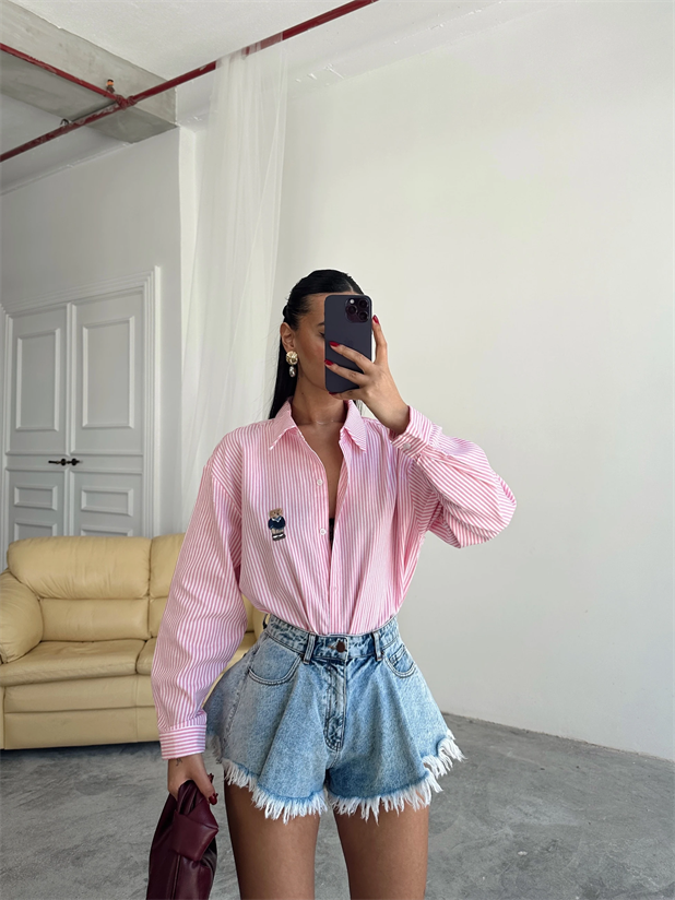 Bear Nakışlı Çizgili Gömlek - Pembe