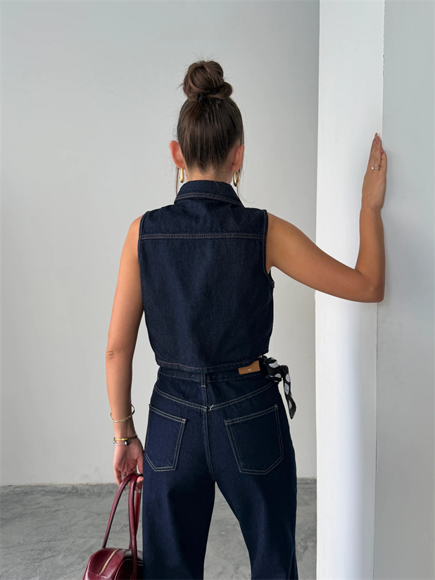 Crop Denim Yelek - Lacivert