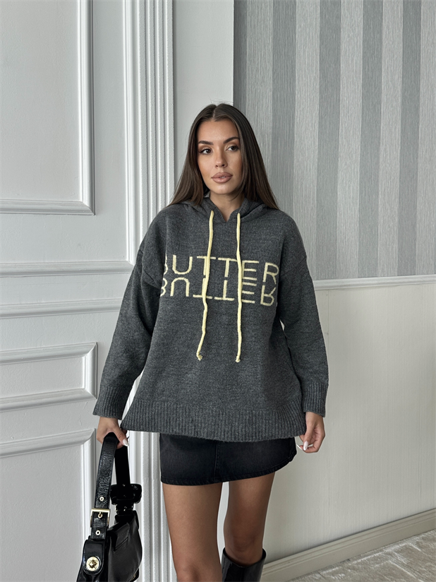 Kapüşonlu Butter Triko Kazak - Füme