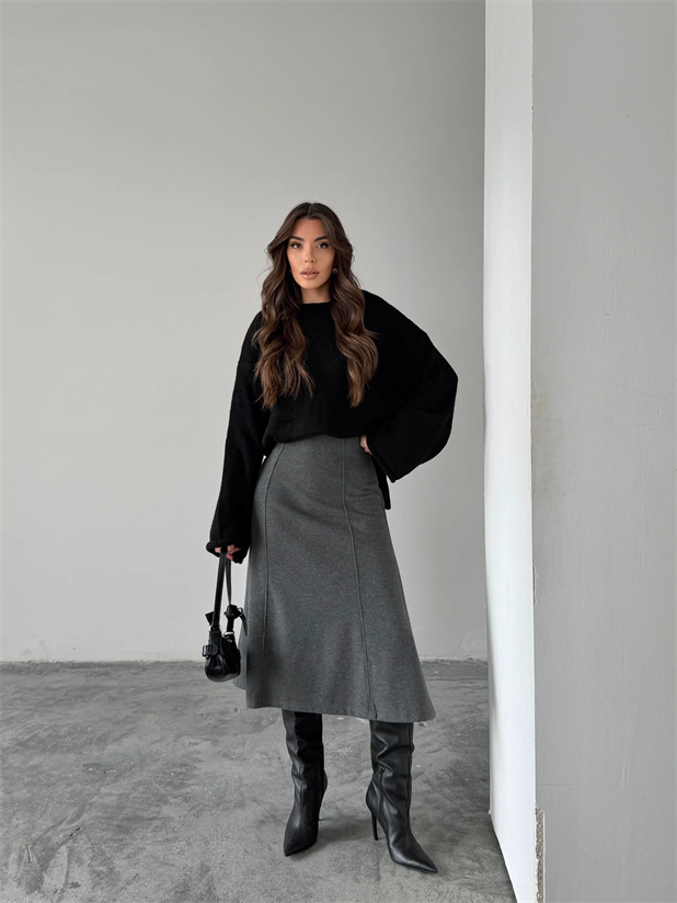 Yanları Çımalı Midi Etek - Antrasit