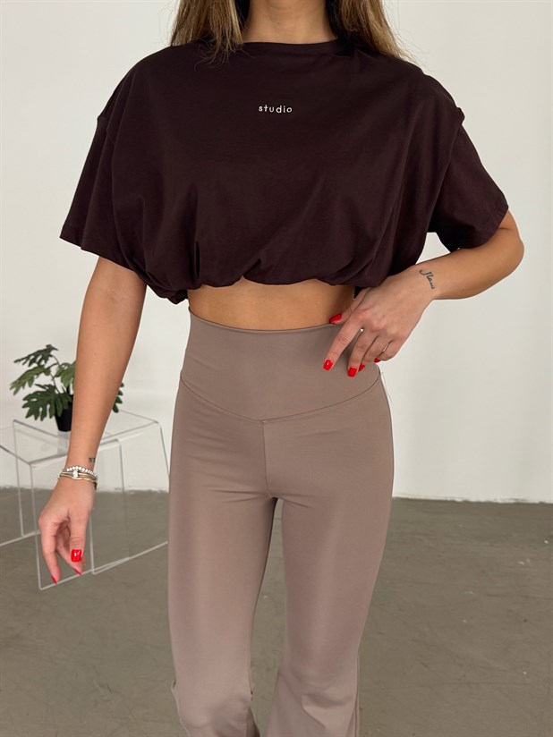 Studio Yazılı Balon T-shirt - Kahve