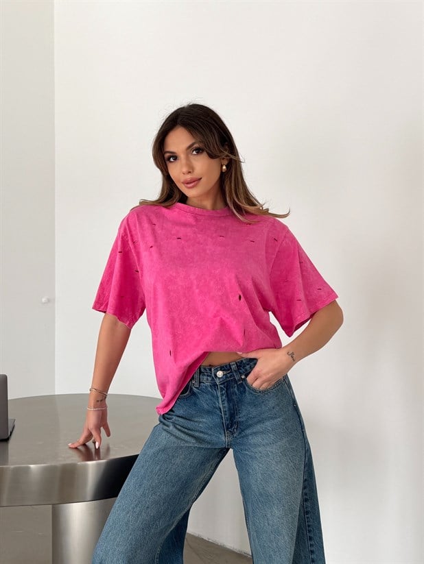 Delikli Yıkama T-shirt - Pembe