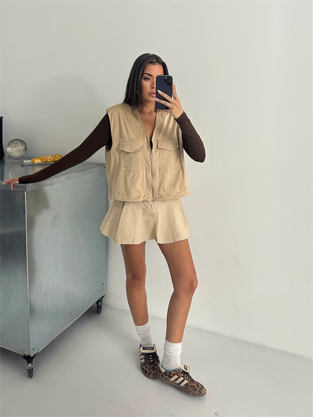 Cep Detay Nubuk Yelek - Taş