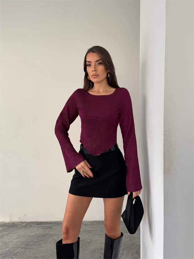 İspanyol Kol Akordiyon Bluz - Mürdüm